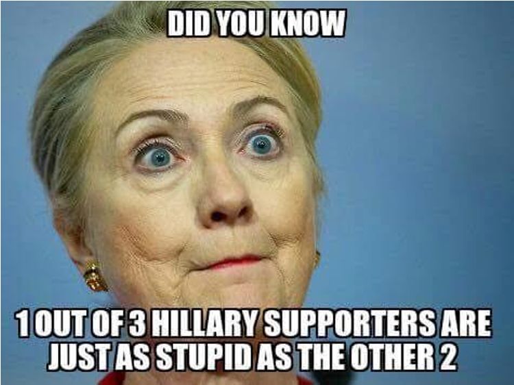 Meme depicting Clinton. Top text: Did you know. Bottom text: 1 out of 3 Hillary supporters are just as stupid as the other 2.