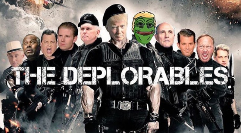 Deplorables meme featuring the heads of Trump and members of the Republican party photoshopped onto a poster for The Expendables