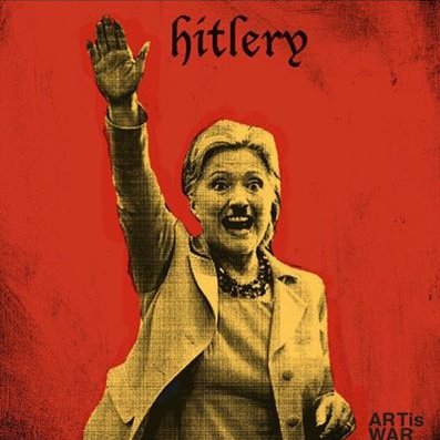 Remix of Clinton photo that shows her hand up in a Nazi salute, a Hitler mustache, and the word Hitlery.