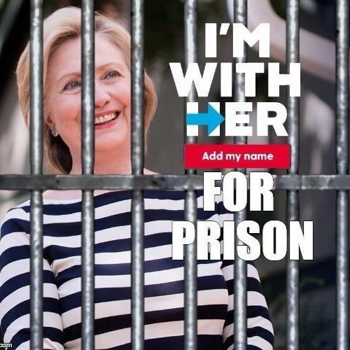 Remixo of campaign donation image featuring Clinton in prison stripes and text that says I'm with her for prison.